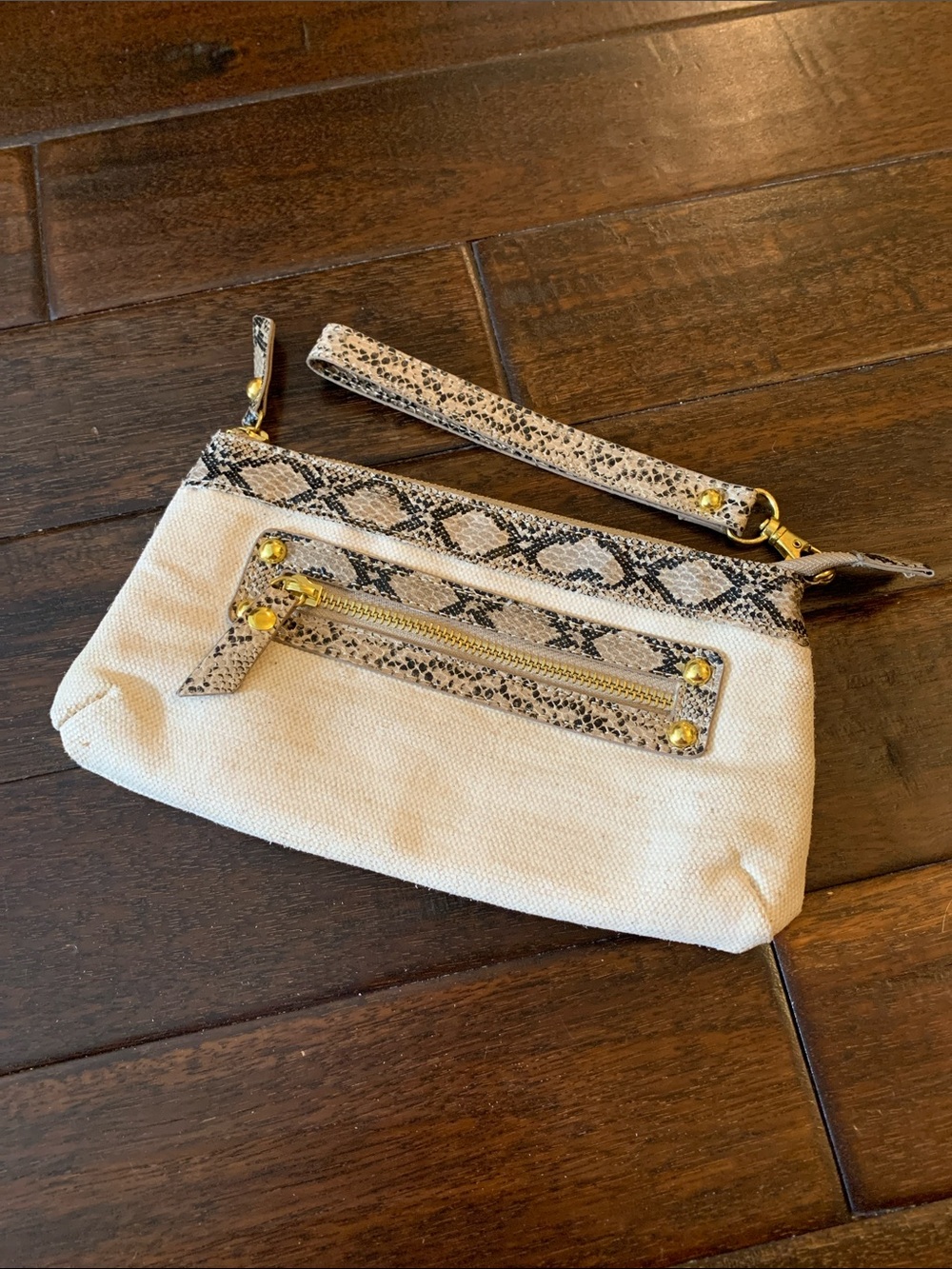 Linen Look Wristlet Clutch with Snake-Print Trim - Cream
